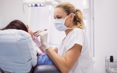 Dentist examining female patient in clinic